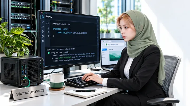 یونا پشت میز آموزش Caddy در آکادمی ویونیکس، کنار نمایشگر پیکربندی و سرور خصوصی؛ تصویر آموزشی ساخته‌شده.