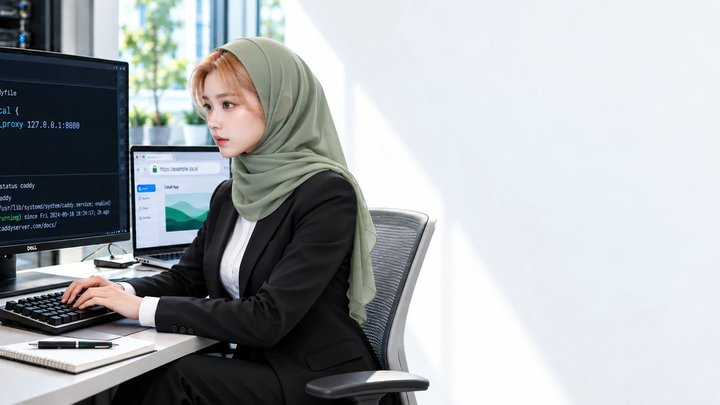 یونا پشت میز آموزش Caddy در آکادمی ویونیکس، کنار نمایشگر پیکربندی و سرور خصوصی؛ تصویر آموزشی ساخته‌شده.