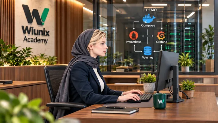 صحنهٔ نمایشی آکادمی ویونیکس؛ کاربر نشسته و نمودار فیزیکی مانیتورینگ Compose.