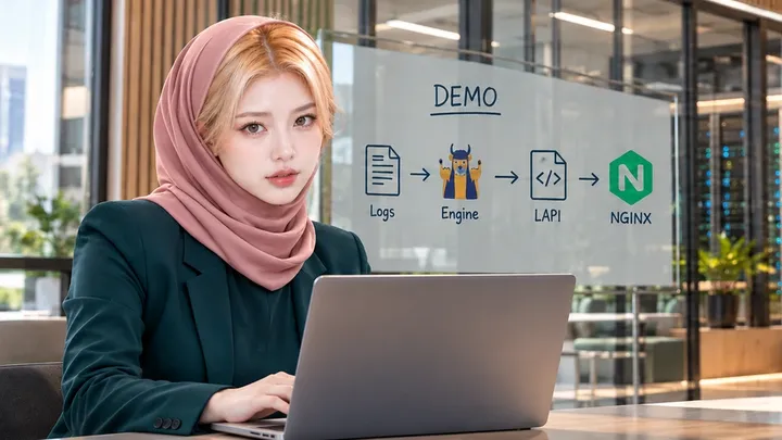 صحنهٔ آموزشی ساختگی آکادمی ویونیکس با اپراتور، لپتاپ و نمودار نمایشی Nginx و CrowdSec.