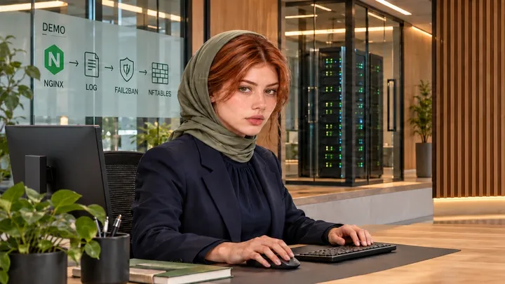 صحنهٔ تولیدشدهٔ آکادمی ویونیکس؛ کارشناس نشسته و نمودار DEMO مسیر لاگ Nginx تا Fail2ban.