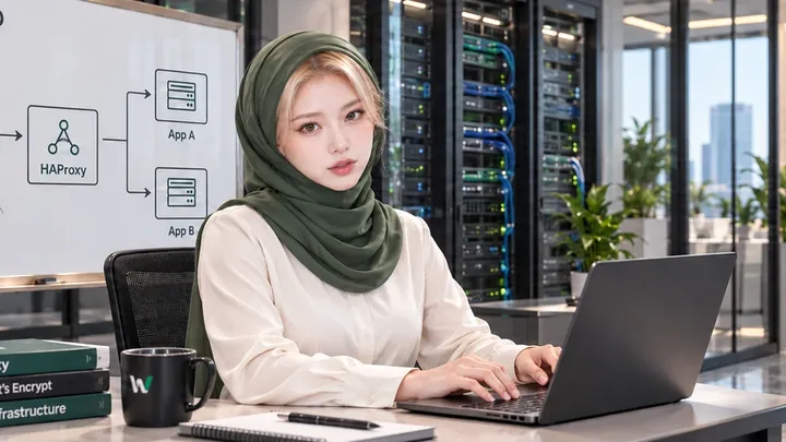 صحنهٔ آموزشی ساختگی با اپراتور نشسته، تجهیزات سرور و نمودار DEMO برای HAProxy و HTTPS.