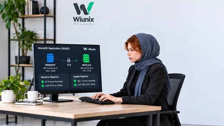 مدل در فضای نمایشی آکادمی ویونیکس مشغول بررسی اتصال امن سرور اصلی و رپلیکای MariaDB است.