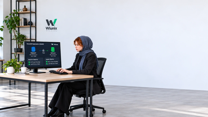 مدل در فضای نمایشی آکادمی ویونیکس مشغول بررسی اتصال امن سرور اصلی و رپلیکای MariaDB است.