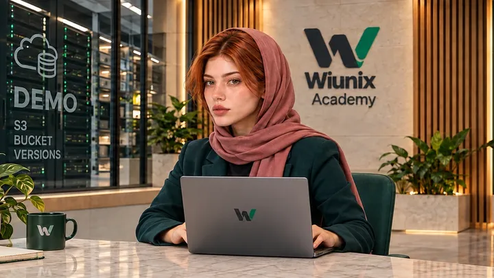 صحنهٔ آموزشی ساختگی آکادمی ویونیکس با Kate، لپتاپ و رک ذخیرهسازی و نمودار DEMO مربوط به S3.