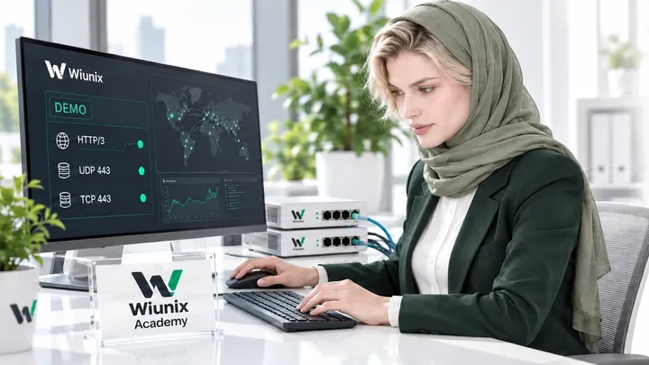 رز نشسته پشت میز آزمایش QUIC در آکادمی ویونیکس، کنار نمایشگر مفاهیم HTTP/3 و تجهیزات شبکه؛ صحنهٔ آموزشی ساخته‌شده.