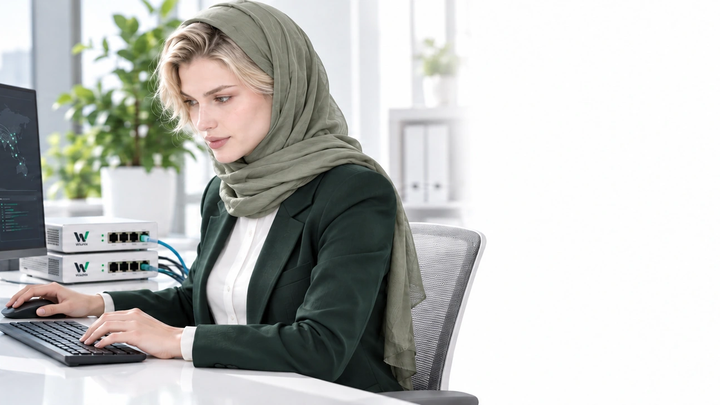 رز نشسته پشت میز آزمایش QUIC در آکادمی ویونیکس، کنار نمایشگر مفاهیم HTTP/3 و تجهیزات شبکه؛ صحنهٔ آموزشی ساخته‌شده.