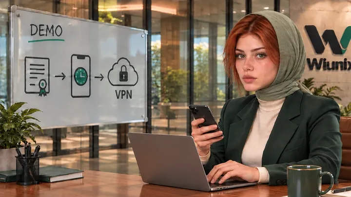 صحنهٔ آموزشی ساختگی با اپراتور نشسته، تلفن شخصی و نمودار گواهی و TOTP برای VPN.
