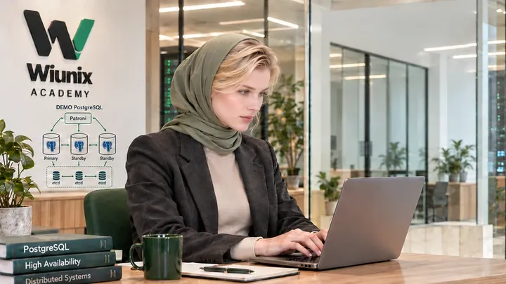 صحنهٔ آموزشی آکادمی ویونیکس با اپراتور نشسته و نمودار مفهومی PostgreSQL، Patroni و etcd.
