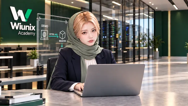 صحنهٔ آموزشی نمایشی رجیستری با اپراتور نشسته، لپتاپ و نمودار DEMO مسیر HTTPS تا ذخیرهسازی.