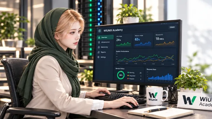 Yuna در حال کار با یک نمایشگر مانیتورینگ در فضای نمایشی آکادمی ویونیکس.