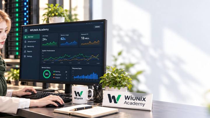 Yuna در حال کار با یک نمایشگر مانیتورینگ در فضای نمایشی آکادمی ویونیکس.