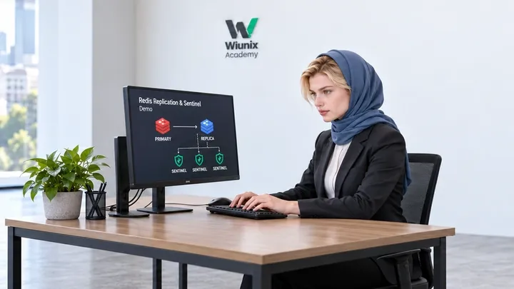 Rose در کارگاه نمایشی آکادمی ویونیکس، تکثیر Redis و سه رأیدهندهٔ Sentinel را بررسی میکند؛ تصویر ساختگی آموزشی.