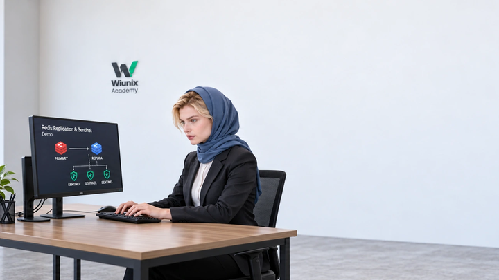 Rose در کارگاه نمایشی آکادمی ویونیکس، تکثیر Redis و سه رأیدهندهٔ Sentinel را بررسی میکند؛ تصویر ساختگی آموزشی.