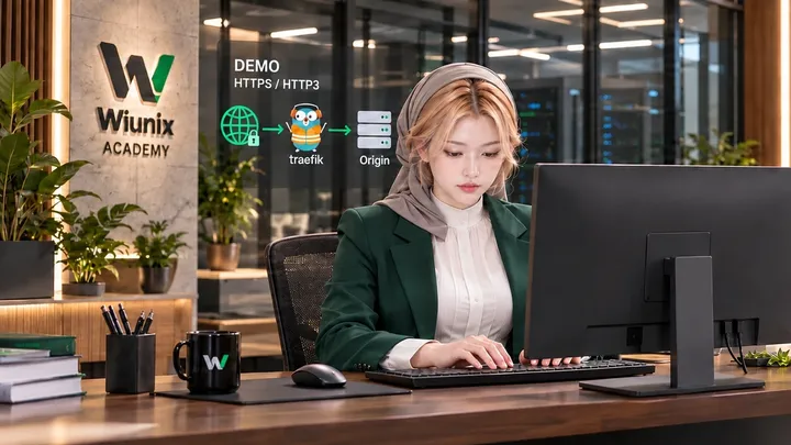صحنهٔ نمایشی آکادمی ویونیکس؛ کاربر نشسته، نمایشگر رو به کاربر و نمودار مفهومی Traefik و HTTP3.