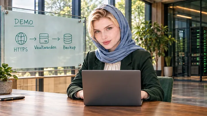 صحنهٔ آموزشی DEMO با اپراتور نشسته، لپتاپ و نمودار HTTPS، Vaultwarden و بکاپ.