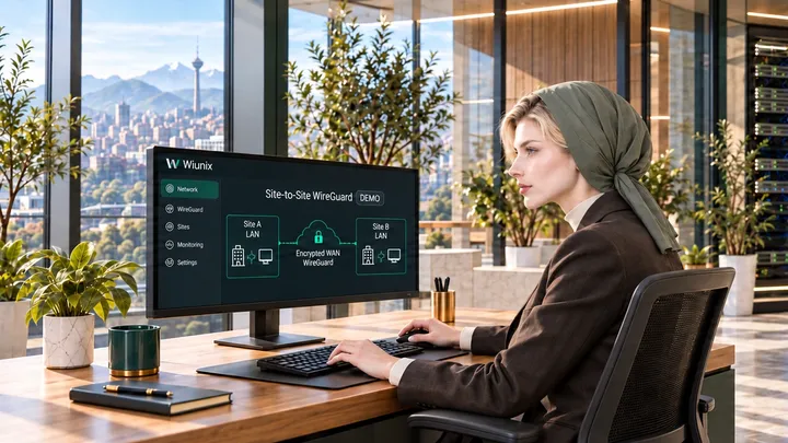 صحنهٔ نمایشی نمودار WireGuard بین دو شعبه و دو دروازه در آکادمی ویونیکس