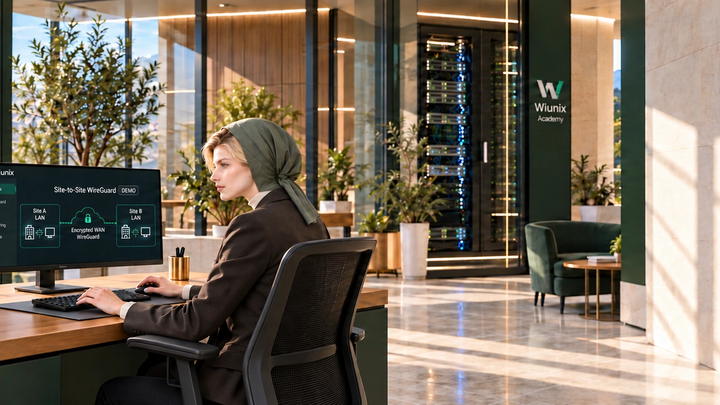 صحنهٔ نمایشی نمودار WireGuard بین دو شعبه و دو دروازه در آکادمی ویونیکس