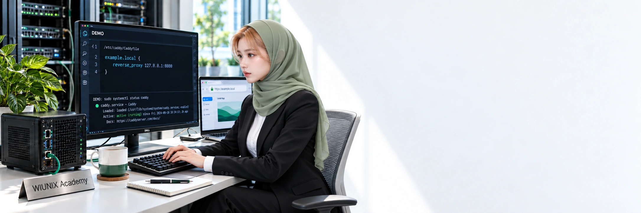 یونا پشت میز آموزش Caddy در آکادمی ویونیکس، کنار نمایشگر پیکربندی و سرور خصوصی؛ تصویر آموزشی ساخته‌شده.