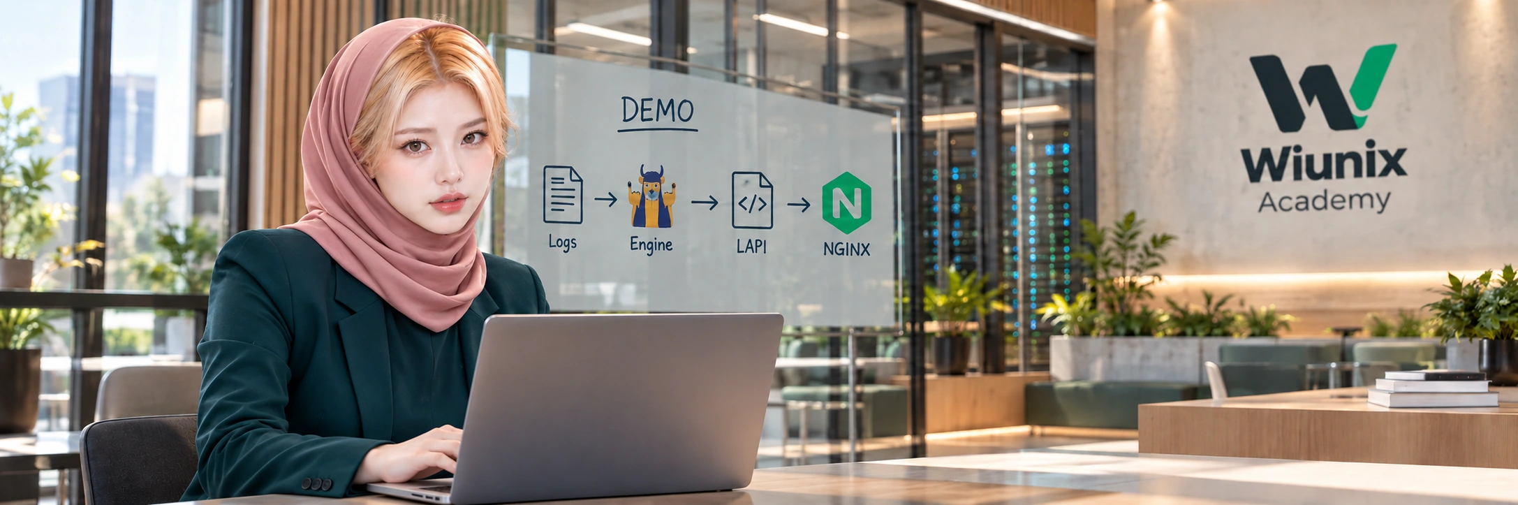 صحنهٔ آموزشی ساختگی آکادمی ویونیکس با اپراتور، لپ‌تاپ و نمودار نمایشی Nginx و CrowdSec.