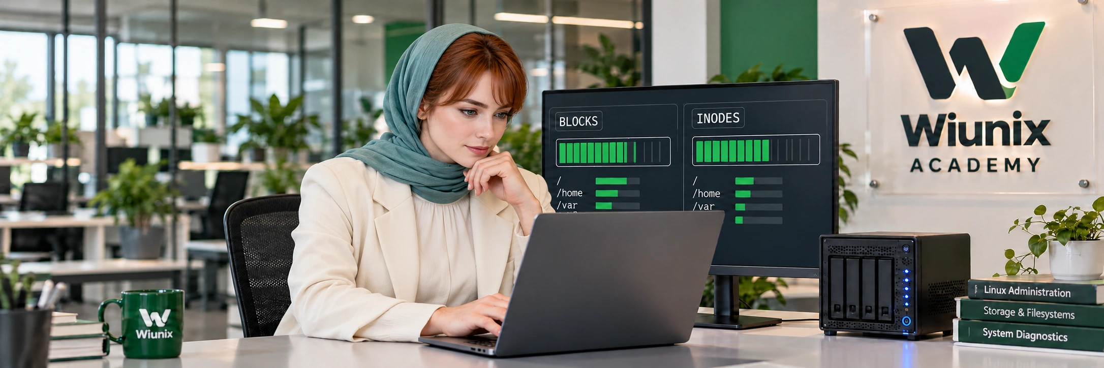 صحنهٔ آموزشی بررسی فضای دیسک با لپ‌تاپ و نمایشگر مقایسهٔ ظرفیت و inodeها.