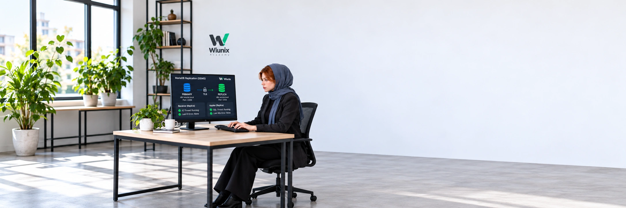 مدل در فضای نمایشی آکادمی ویونیکس مشغول بررسی اتصال امن سرور اصلی و رپلیکای MariaDB است.