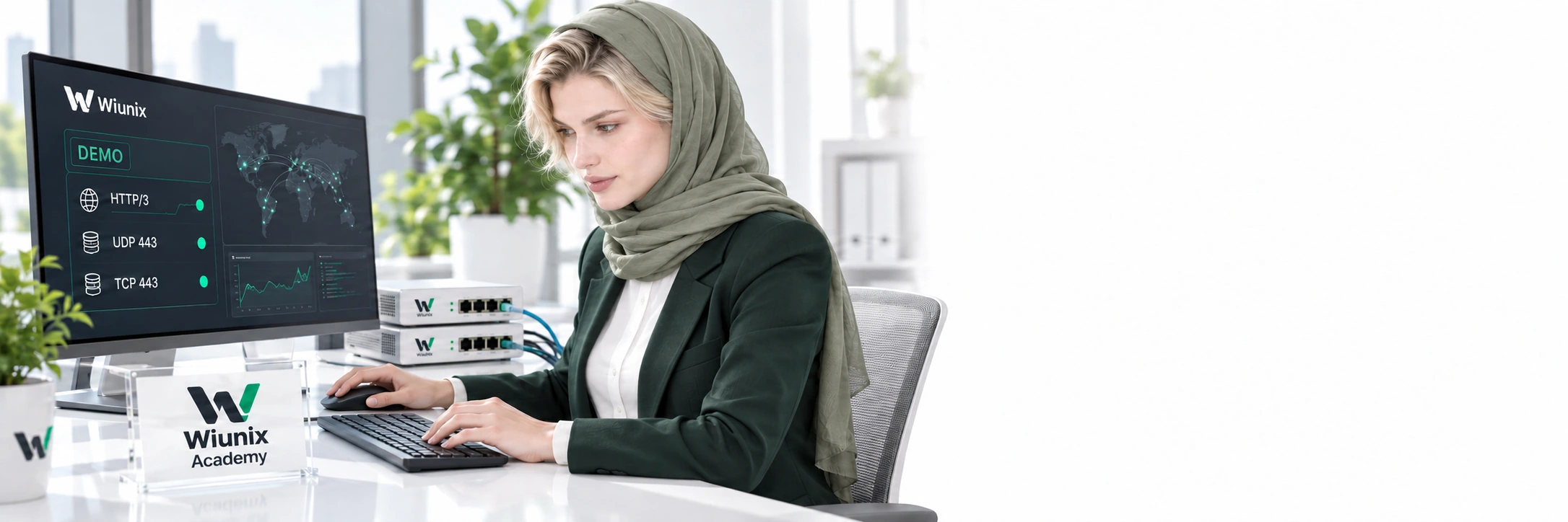 رز نشسته پشت میز آزمایش QUIC در آکادمی ویونیکس، کنار نمایشگر مفاهیم HTTP/3 و تجهیزات شبکه؛ صحنهٔ آموزشی ساخته‌شده.