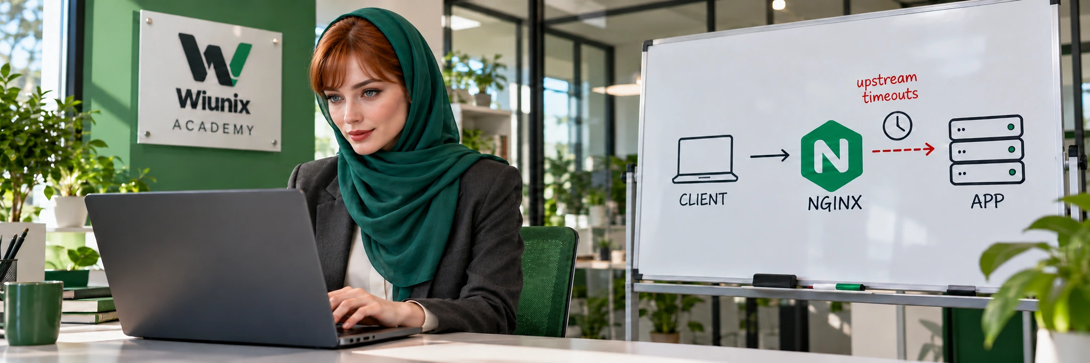 صحنهٔ آموزشی Nginx؛ کارشناسی با لپ‌تاپ در کنار نمودار ارتباط کلاینت، Nginx و برنامه.