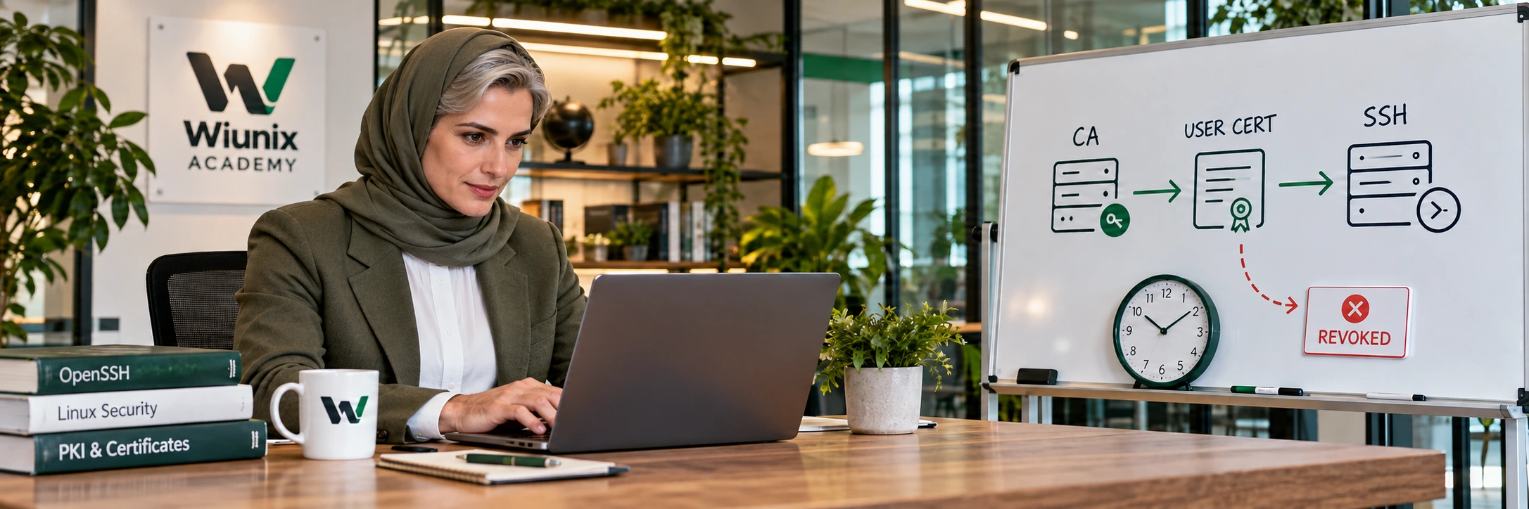 صحنهٔ آموزشی OpenSSH؛ کارشناسی با لپ‌تاپ و کتاب‌های SSH و امنیت لینوکس روی میز.