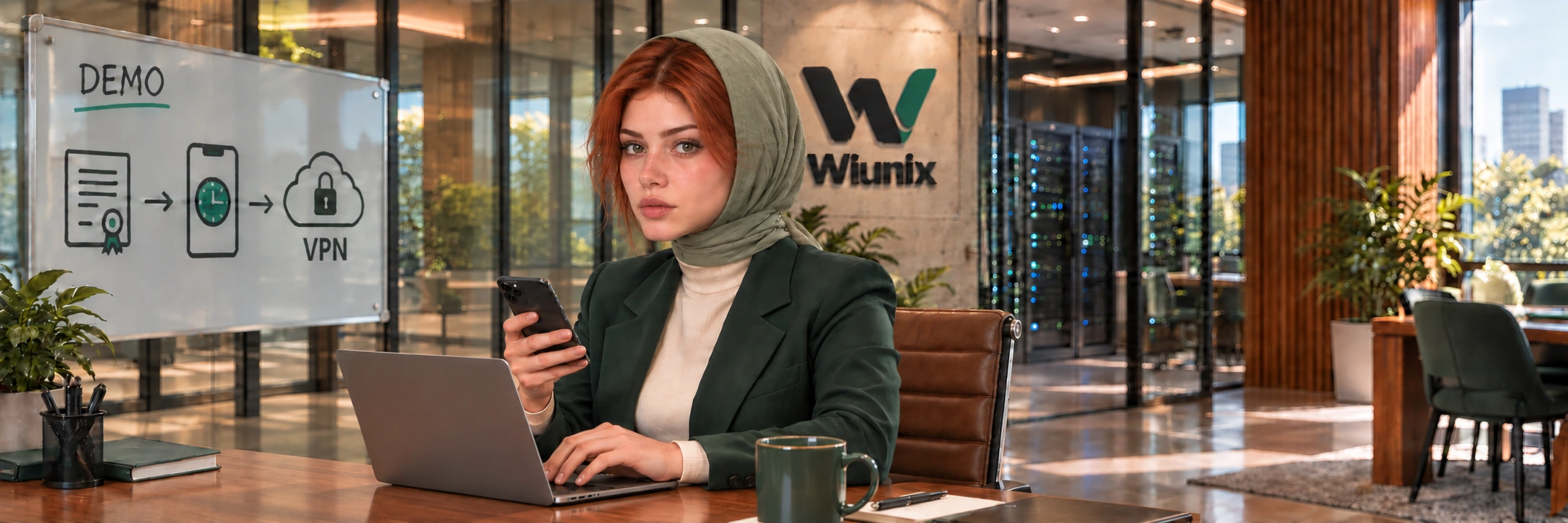 صحنهٔ آموزشی ساختگی با اپراتور نشسته، تلفن شخصی و نمودار گواهی و TOTP برای VPN.