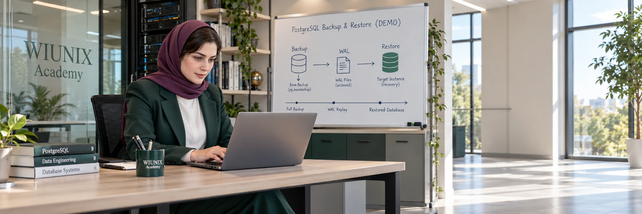 کارشناس زن در صحنهٔ آموزشی تولیدشدهٔ بازیابی PostgreSQL، کنار لپ‌تاپ و نمودار WAL.