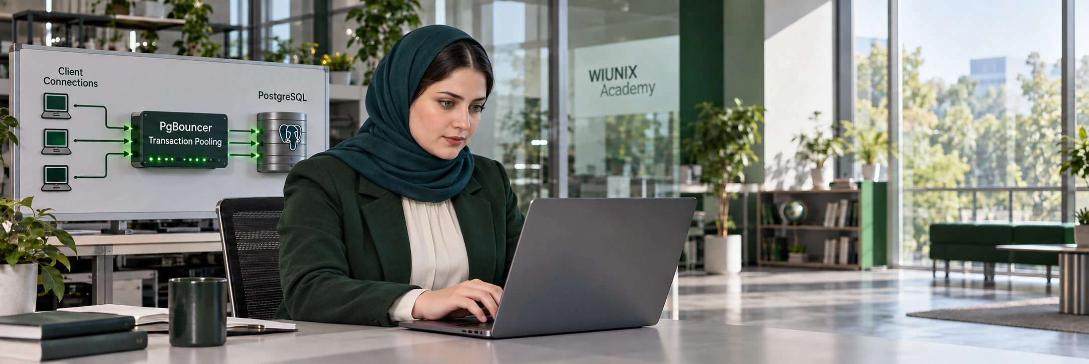 کارشناس زن در صحنهٔ آموزشی تولیدشدهٔ اتصال برنامه به PostgreSQL از طریق PgBouncer.