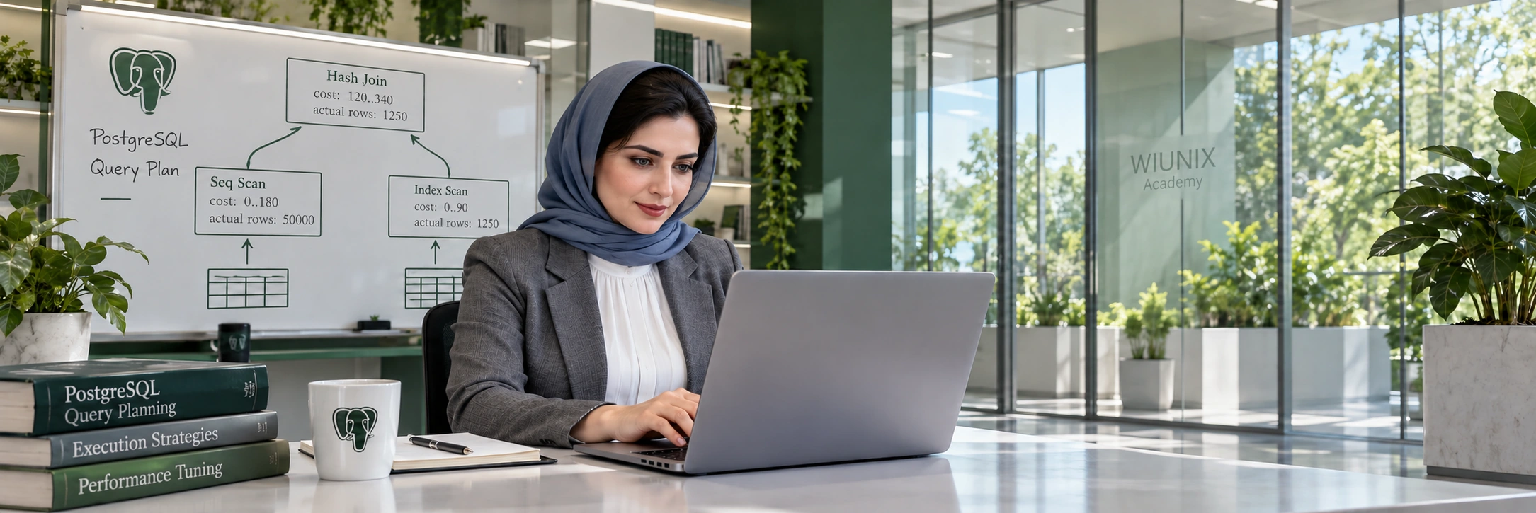 کارشناس زن در صحنهٔ آموزشی تولیدشدهٔ بررسی اجرای کوئری PostgreSQL، کنار نمودار اسکن و اتصال جدول‌ها.