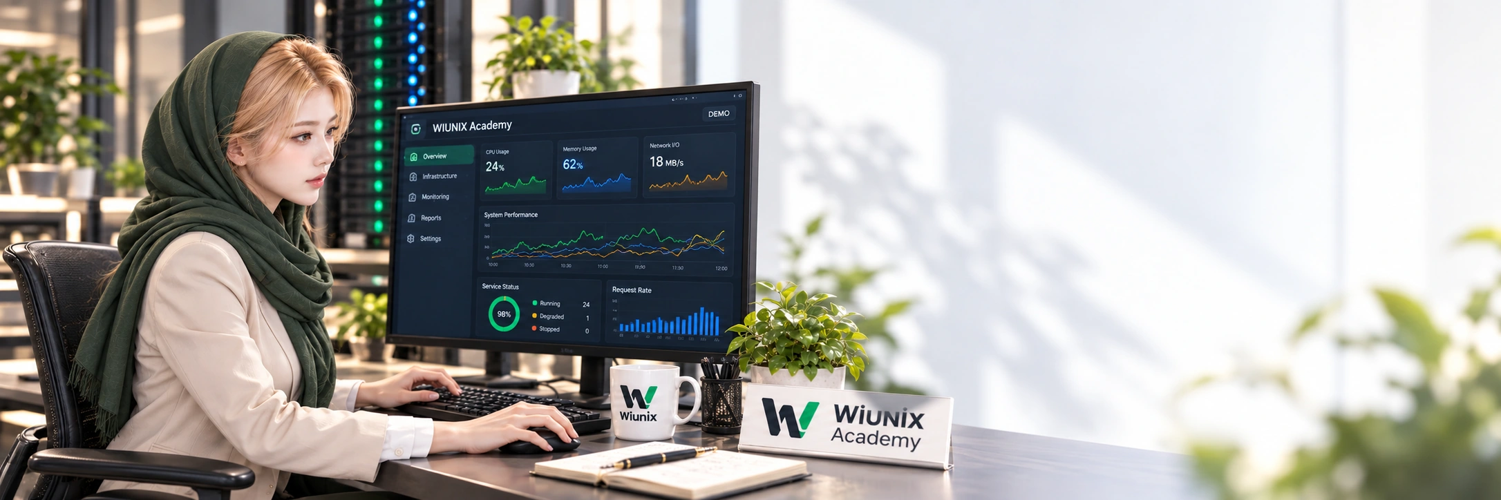 Yuna در حال کار با یک نمایشگر مانیتورینگ در فضای نمایشی آکادمی ویونیکس.