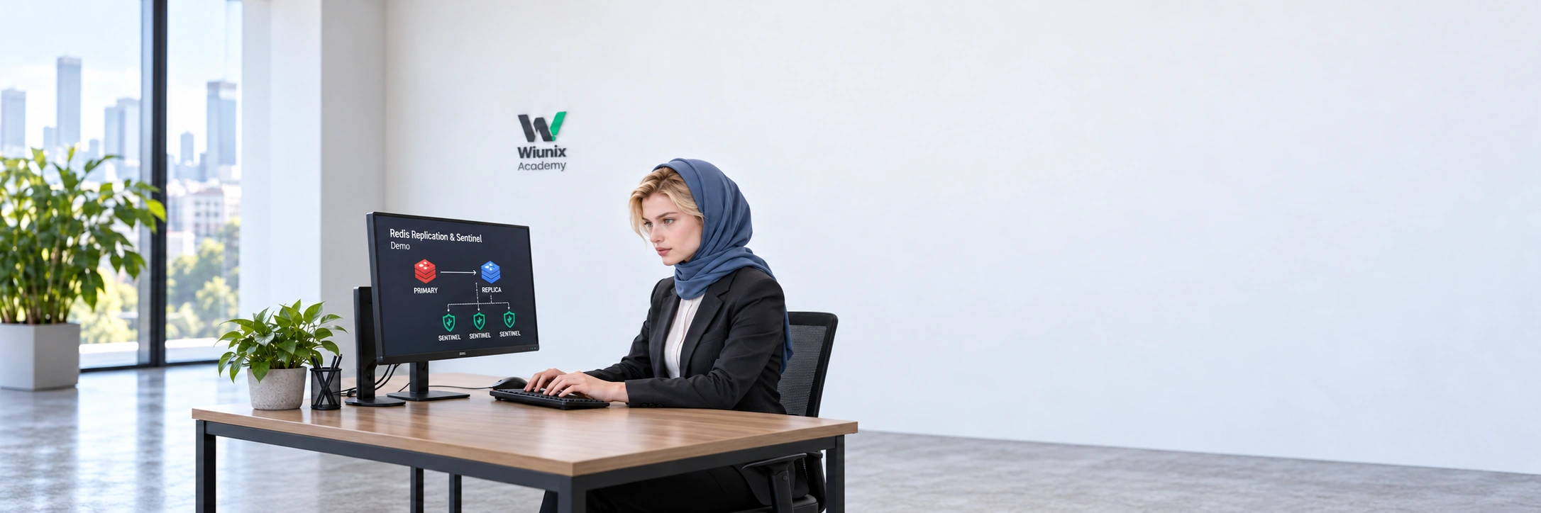 Rose در کارگاه نمایشی آکادمی ویونیکس، تکثیر Redis و سه رأی‌دهندهٔ Sentinel را بررسی می‌کند؛ تصویر ساختگی آموزشی.