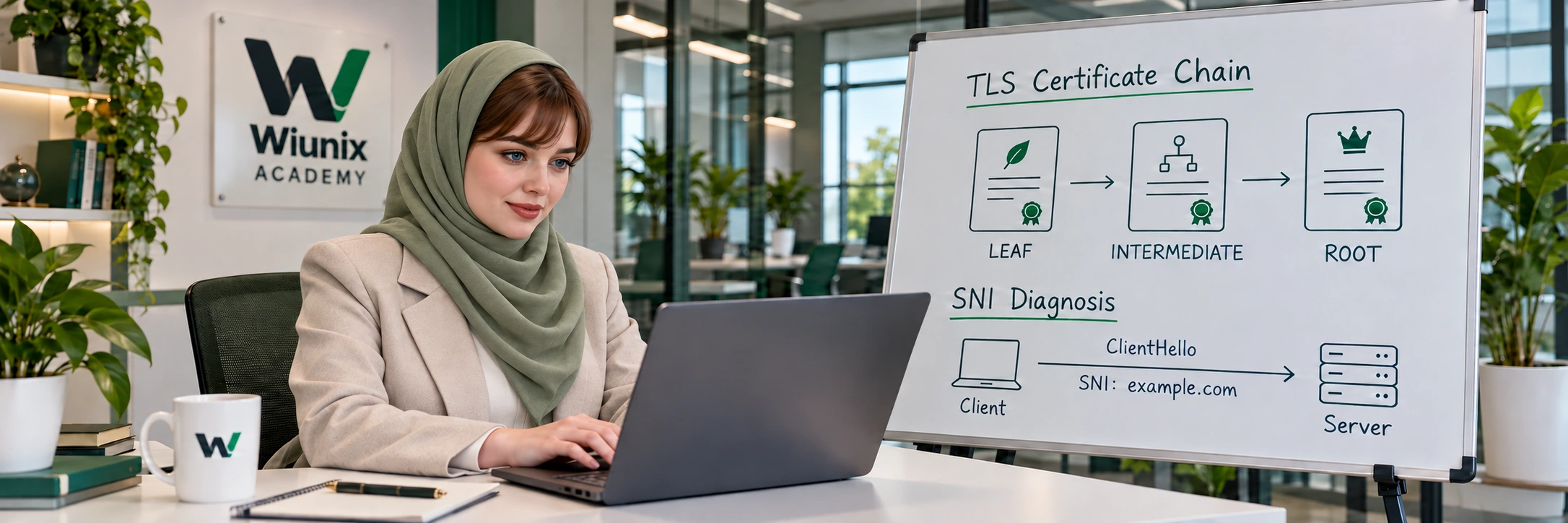 صحنهٔ آموزشی TLS؛ کارشناسی با لپ‌تاپ در کنار تختهٔ توضیح زنجیرهٔ گواهی و SNI.