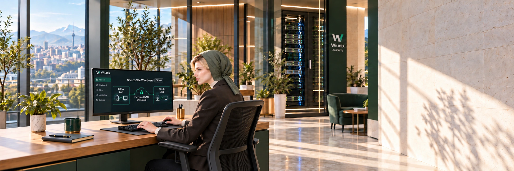 صحنهٔ نمایشی نمودار WireGuard بین دو شعبه و دو دروازه در آکادمی ویونیکس