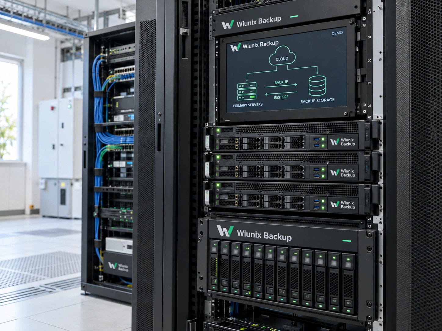 صحنهٔ نمایشی رک سرور، ذخیرهسازی بکاپ و نمایشگر ارتباط با ابر با برند Wiunix Backup