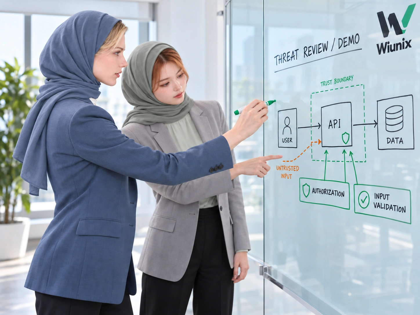تصویر تولیدی Rose و Yuna در حال بررسی تهدیدهای برنامه و مرزهای مجوز روی تختهٔ شیشهای