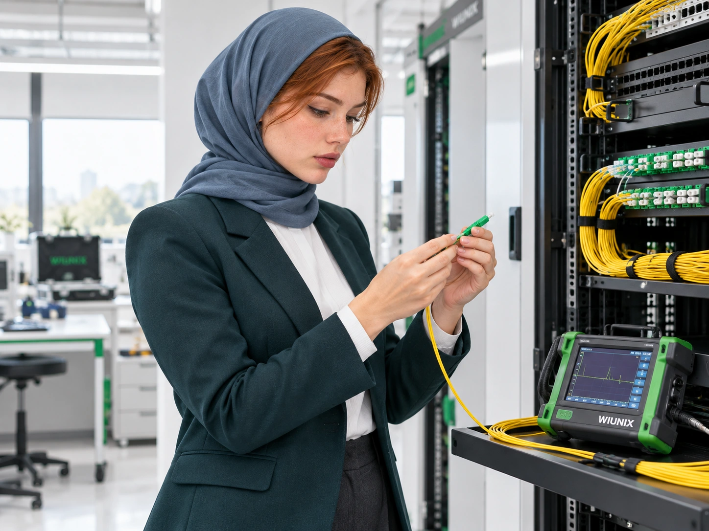 کارشناس ارتباطات در حال بررسی اتصال فیبر و ابزار تست نوری