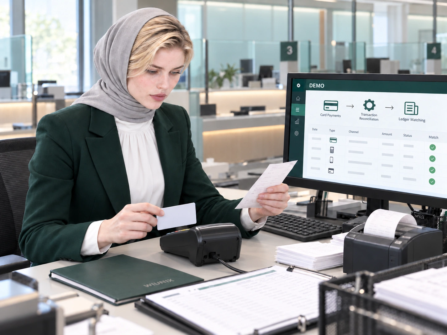 Rose در حال بررسی پایانهٔ پرداخت آزمایشی، رسیدها و تطبیق تراکنش در محیط DEMO