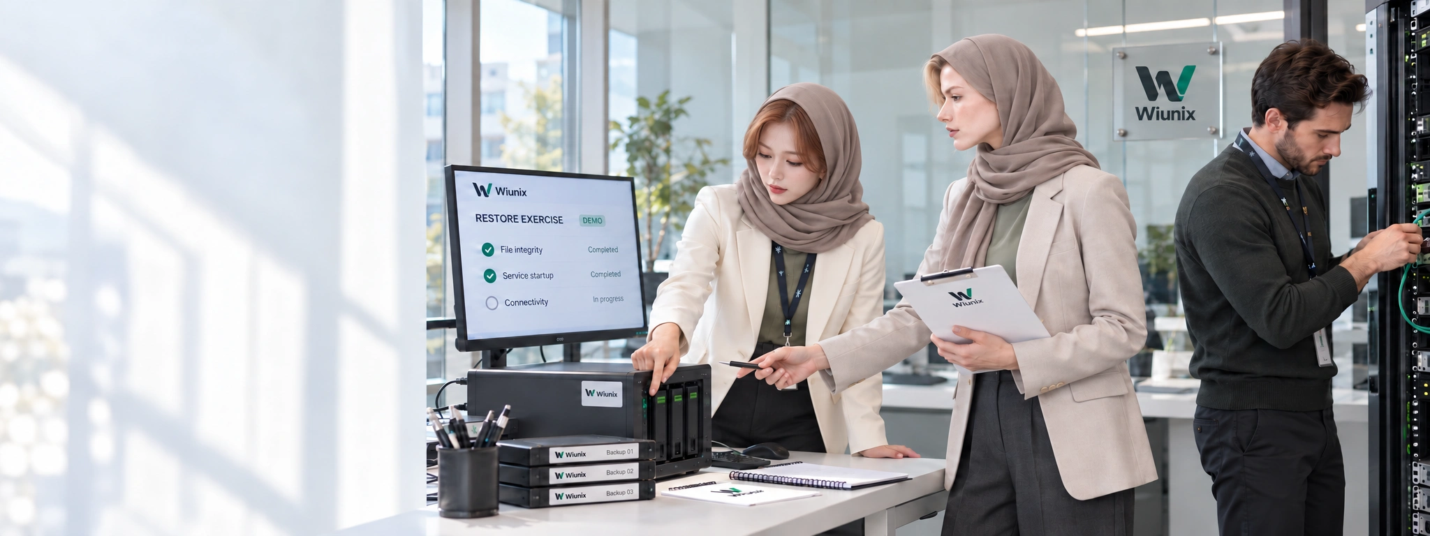 صحنهٔ نمایشی تیم ویونیکس در حال بررسی تجهیزات ذخیرهسازی و آزمایش بازیابی؛ رز در نیمرخ چپ و همکاران