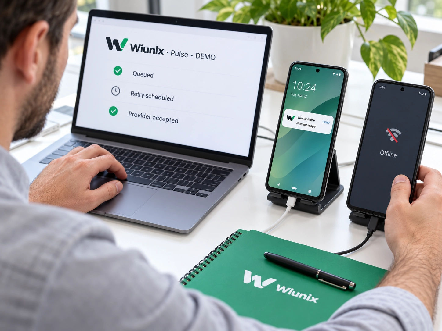 صحنهٔ تولیدی مقایسهٔ دریافت اعلان و گوشی آفلاین در کنار وضعیت تلاش مجدد در ویونیکس Pulse