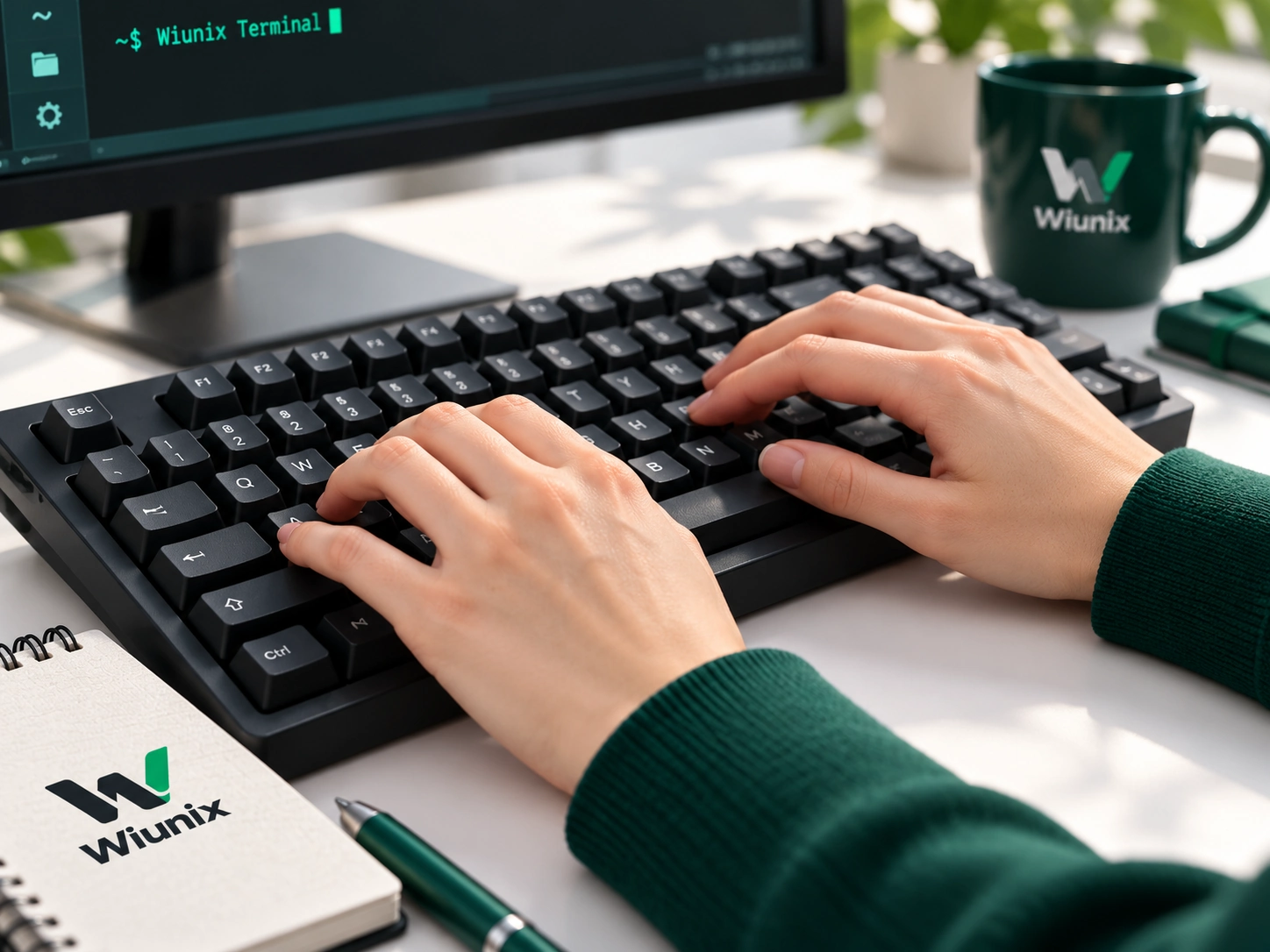 تصویر نمونهٔ دستها هنگام تایپ روی کیبورد در میز کار Wiunix Terminal