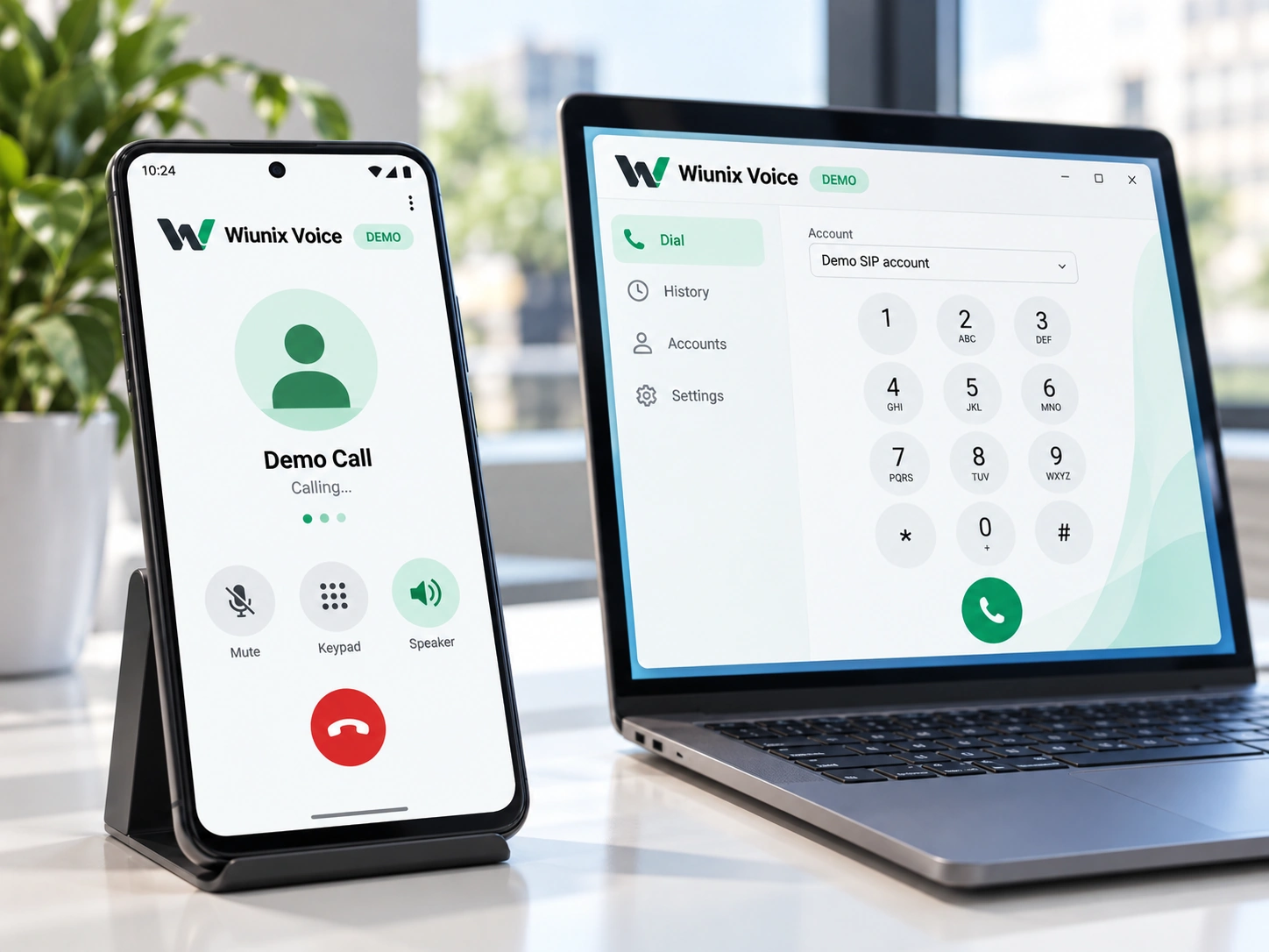 تصویر نمایشی رابط تماس و شمارهگیری ویونیکس Voice روی گوشی و لپتاپ با برچسب DEMO
